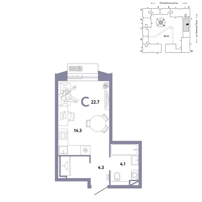 Планировка Студия, 22.7 м² ЖК «Страна.Заречная»