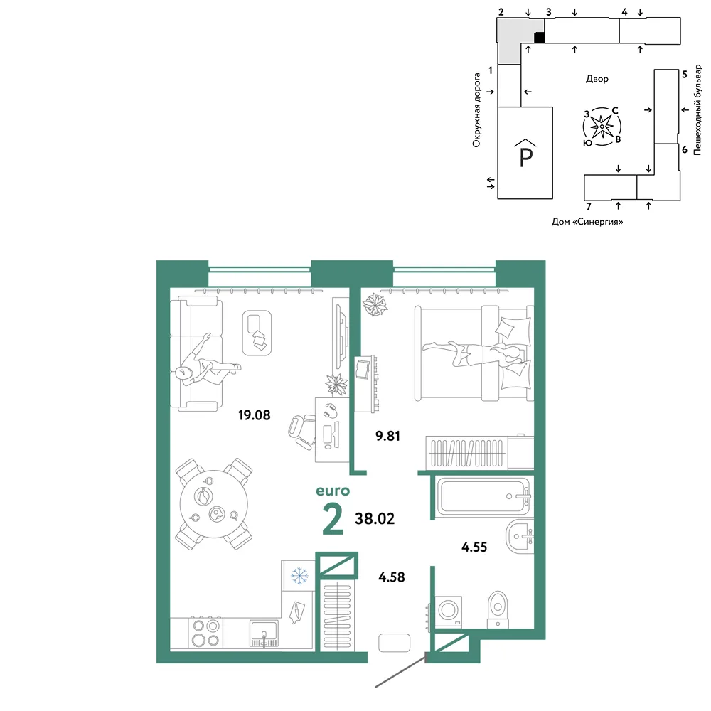 Планировка 2-комн. квартира, 38.02 м² ЖК «Юнион»