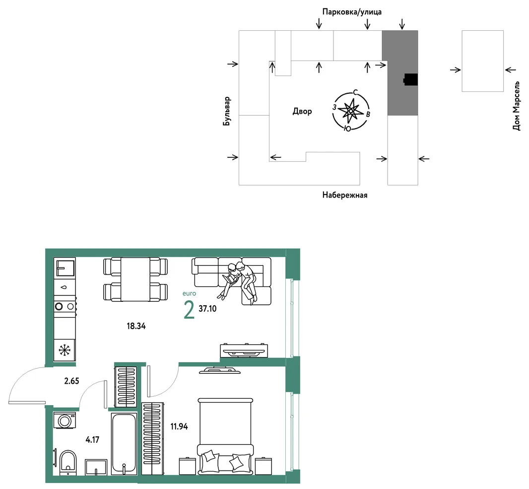Планировка 2-комн. квартира, 37.1 м² ЖК «Европейский берег 2.0»