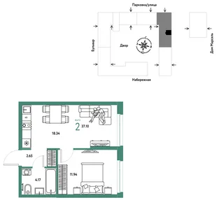 Планировка 2-комн. квартира, 37.1 м² ЖК «Европейский берег 2.0»