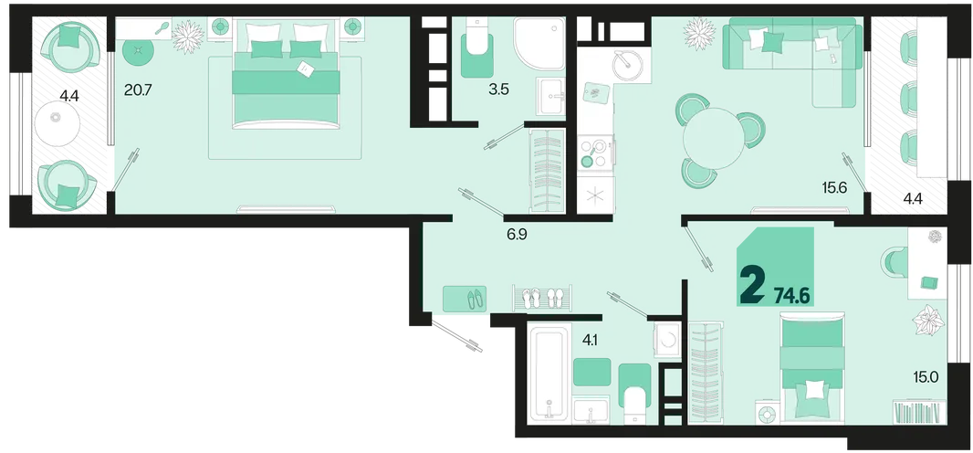 Планировка 2-комн. квартира, 74.6 м² ЖК «Первое место»