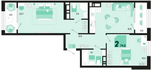 Планировка 2-комн. квартира, 74.6 м² ЖК «Первое место»