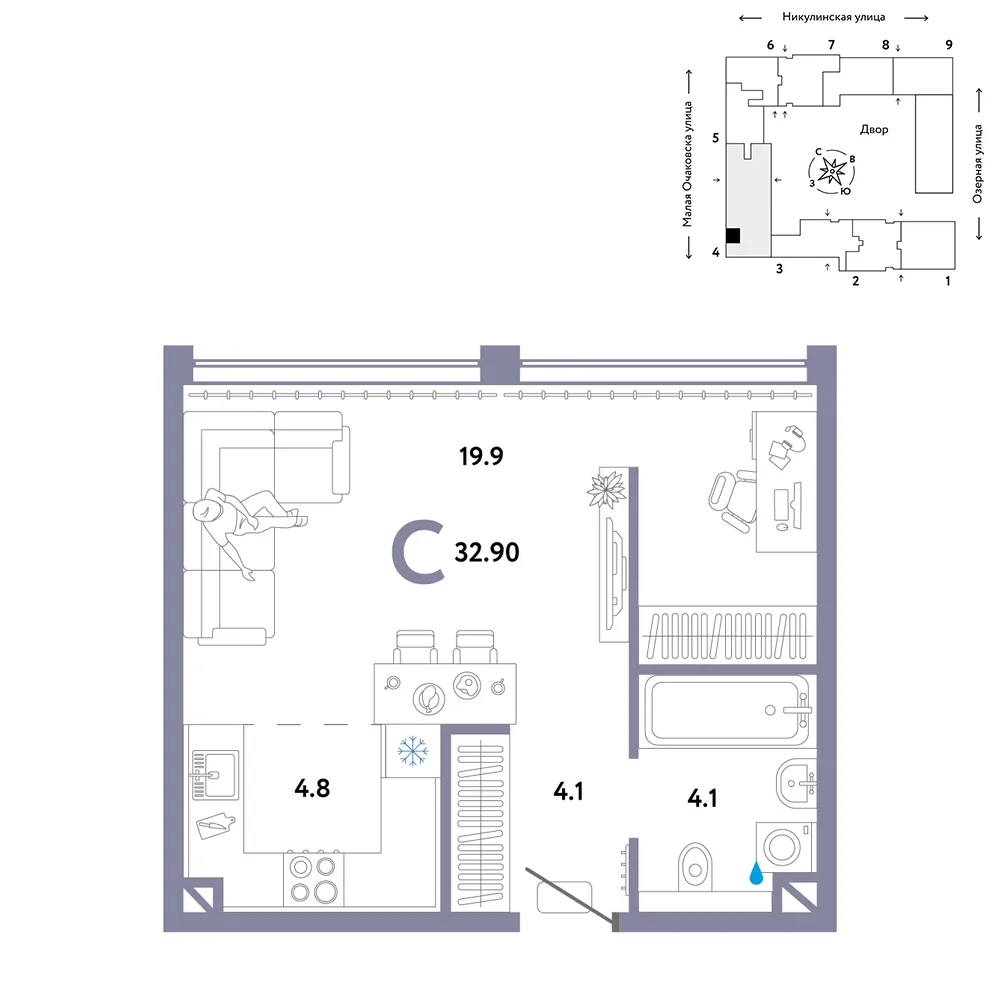 Планировка Студия, 32.9 м² ЖК «Страна.Озёрная»