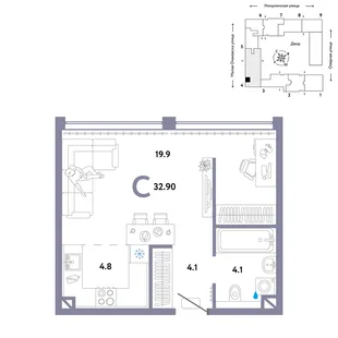 Планировка Студия, 32.9 м² ЖК «Страна.Озёрная»