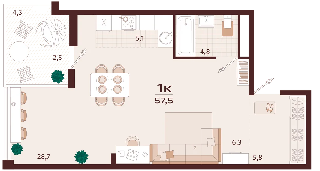 Планировка 1-комн. квартира, 57.5 м² ЖК «Роялта»