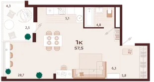 Планировка 1-комн. квартира, 57.5 м² ЖК «Роялта»