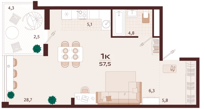 Планировка 1-комн. квартира, 57.5 м² ЖК «Роялта» Планировка 1-комн. квартира, 57.5 м² ЖК «Роялта»