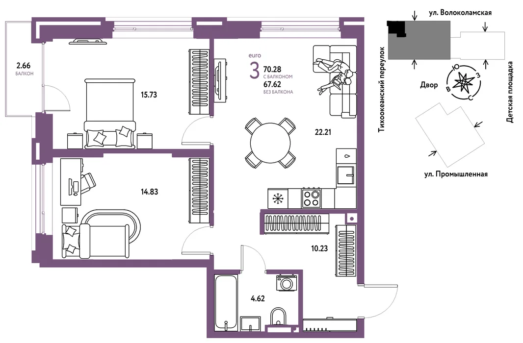 Планировка 3-комн. квартира, 70.28 м² ЖК «Страна Прибрежная»