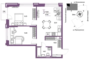 Планировка 3-комн. квартира, 70.28 м² ЖК «Страна Прибрежная»