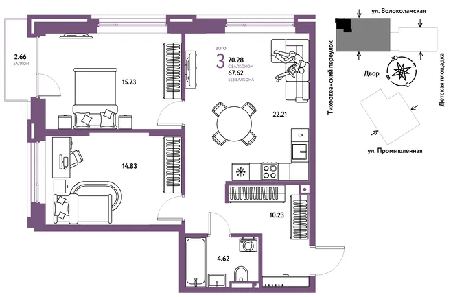 Планировка 3-комн. квартира, 70.28 м² ЖК «Страна Прибрежная» Планировка 3-комн. квартира, 70.28 м² ЖК «Страна Прибрежная»