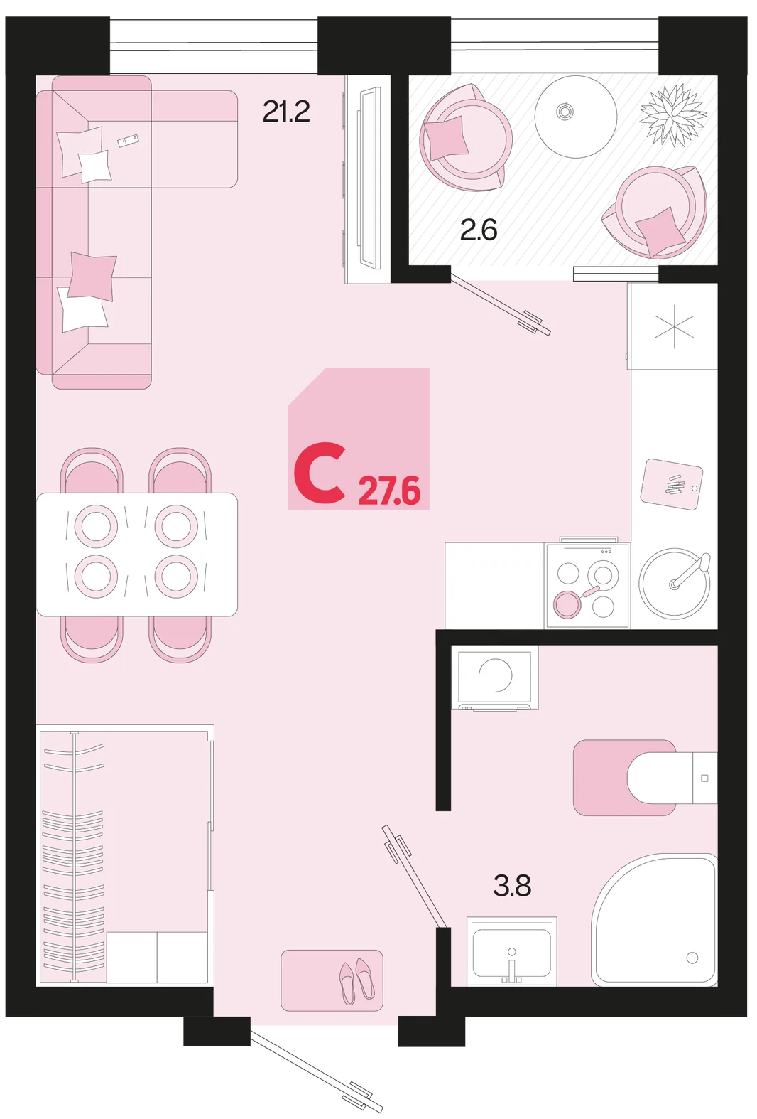 Планировка Студия, 27.6 м² ЖК «Первое место»