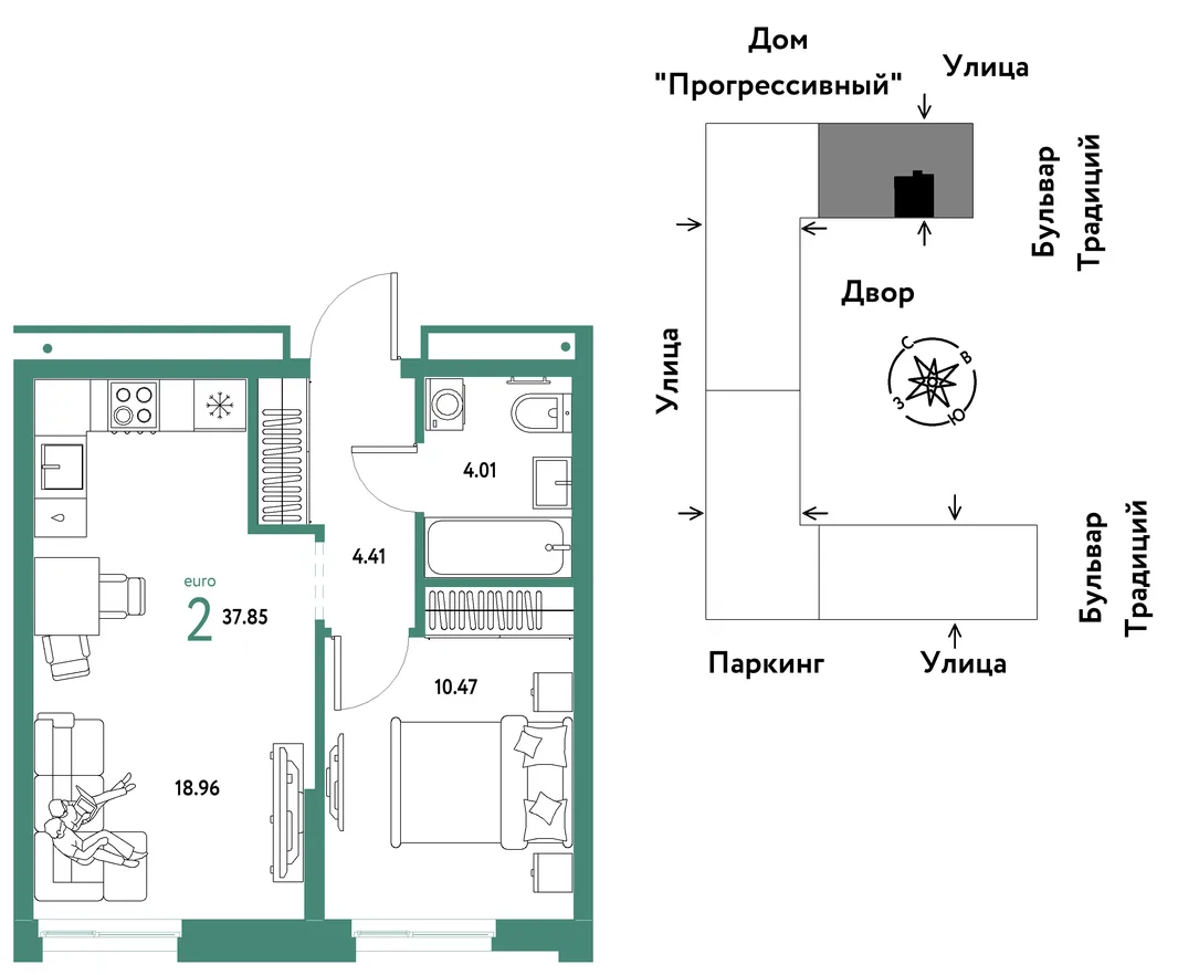 Планировка 2-комн. квартира, 37.85 м² ЖК «Микрорайон Домашний»