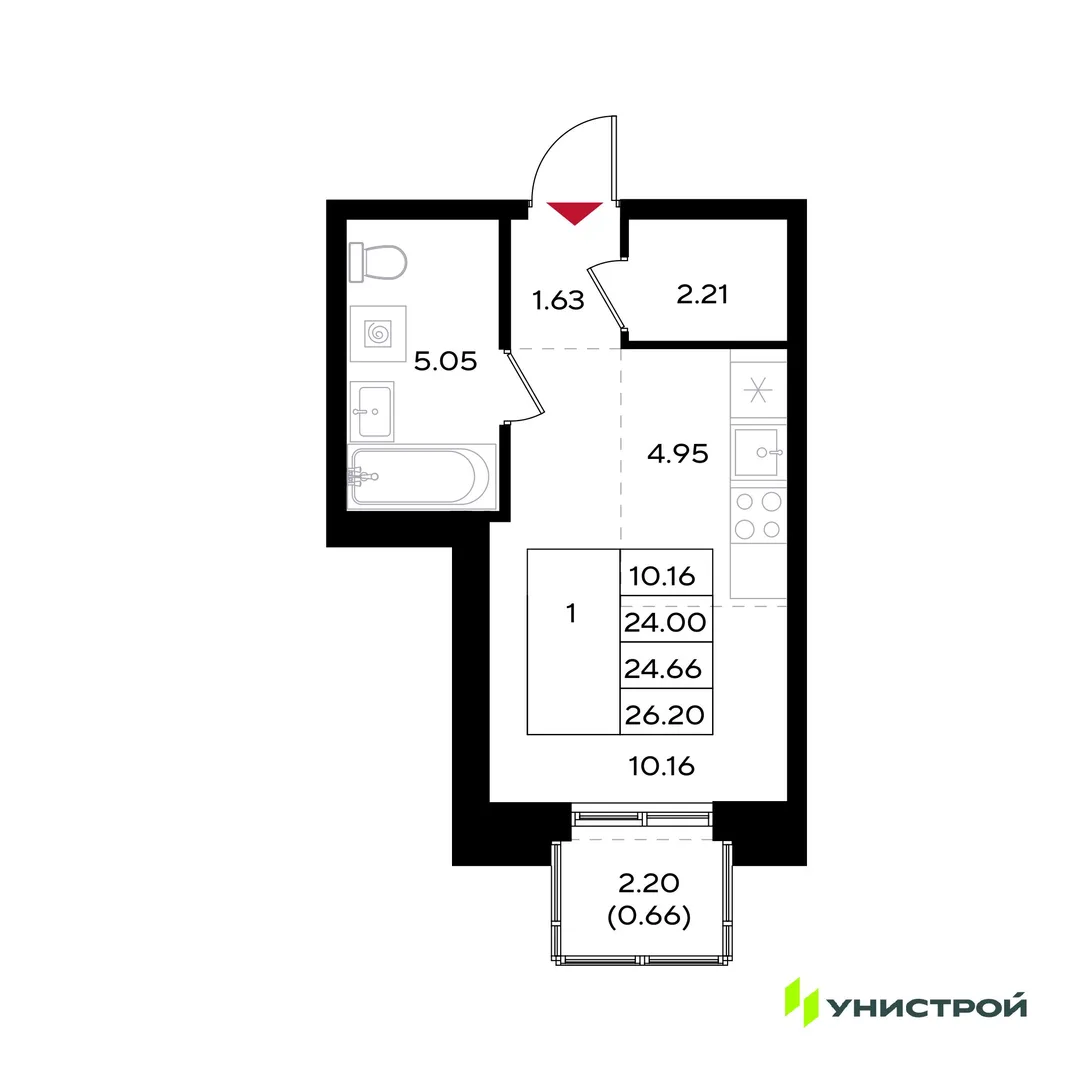 Планировка 1-комн. квартира, 24.66 м² ЖК «Уникум на Энгельса»