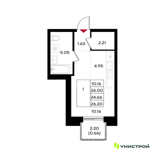 Планировка 1-комн. квартира, 24.66 м² ЖК «Уникум на Энгельса»