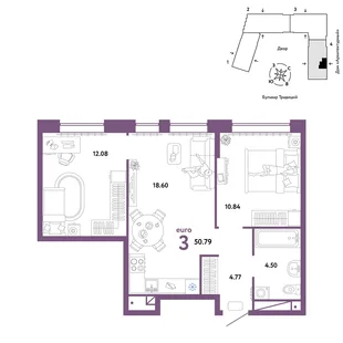 Планировка 3-комн. квартира, 50.79 м² ЖК «Микрорайон Домашний»