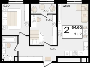 Планировка 2-комн. квартира, 64.6 м² ЖК «Патрики»