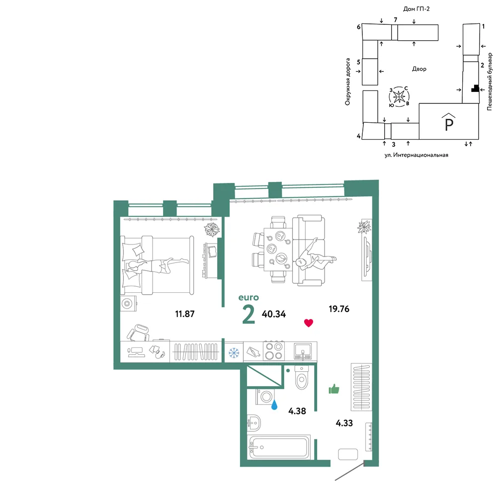 Планировка 2-комн. квартира, 40.34 м² ЖК «Юнион»