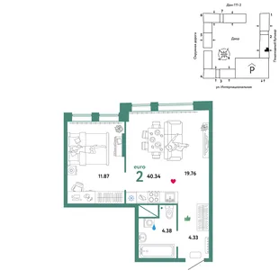 Планировка 2-комн. квартира, 40.34 м² ЖК «Юнион»