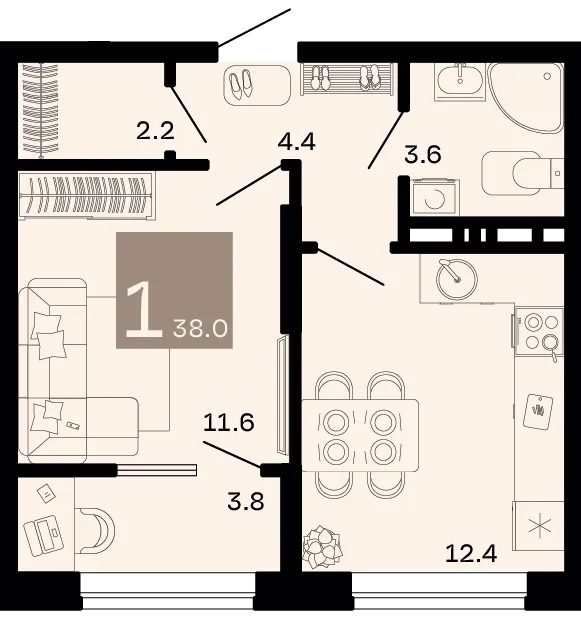Планировка 1-комн. квартира, 38 м² ЖК «Хозяин морей»