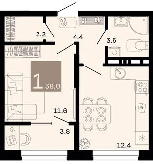 Планировка 1-комн. квартира, 38 м² ЖК «Хозяин морей»