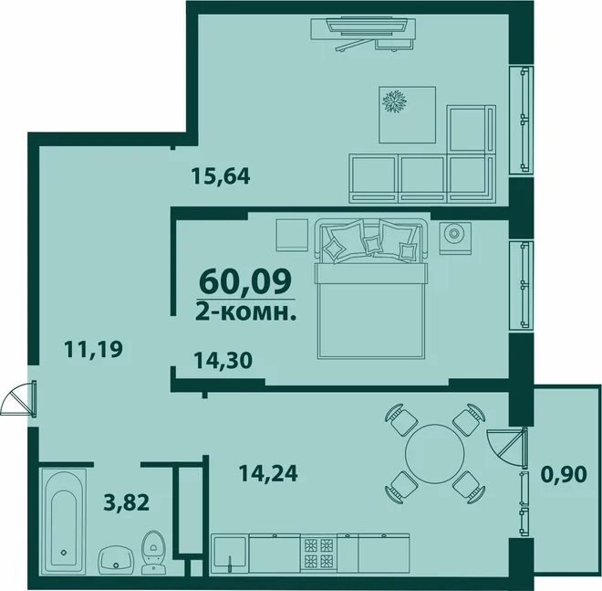 Планировка 2-комн. квартира, 60.09 м² ЖК «Аквамарин 2» Планировка 2-комн. квартира, 60.09 м² ЖК «Аквамарин 2»
