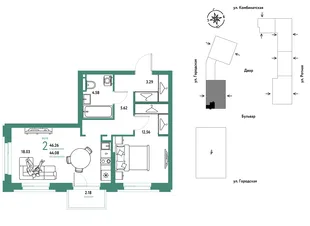 Планировка 2-комн. квартира, 46.26 м² ЖК «Уральский сад»