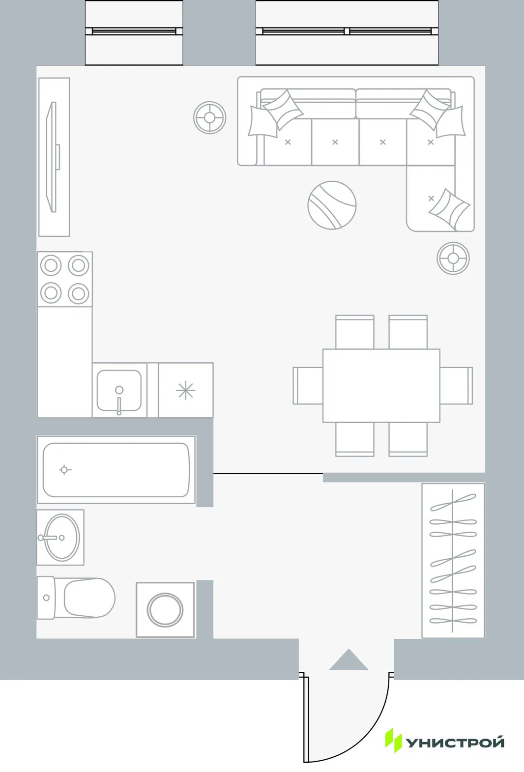 Планировка 1-комн. квартира, 28.86 м² ЖК «Причал»