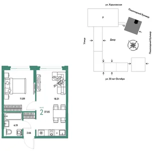 Планировка 2-комн. квартира, 37.05 м² ЖК «Сердце Сибири»