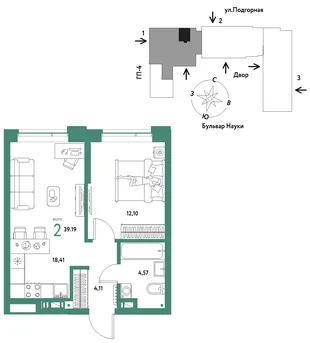 Планировка 2-комн. квартира, 39.19 м² ЖК «Авторский»
