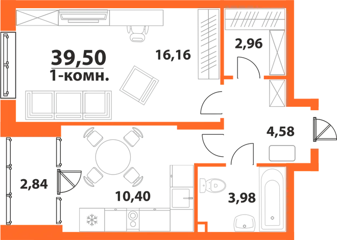 Планировка 1-комн. квартира, 39.5 м² ЖК «Аквамарин 2» Планировка 1-комн. квартира, 39.5 м² ЖК «Аквамарин 2»