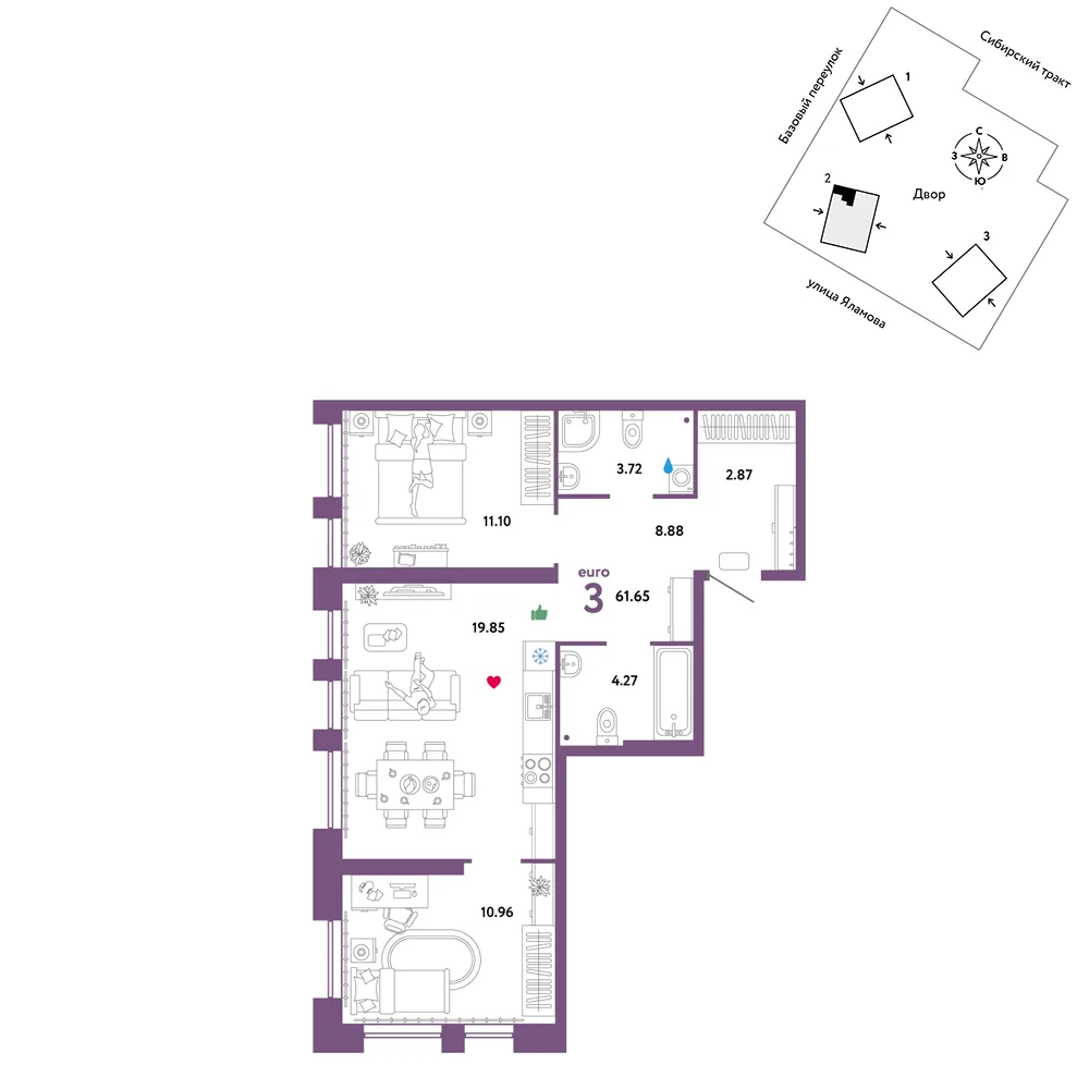Планировка 3-комн. квартира, 61.65 м² ЖК «Сибирский сад»