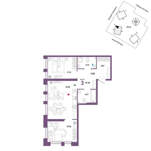 Планировка 3-комн. квартира, 61.65 м² ЖК «Сибирский сад»
