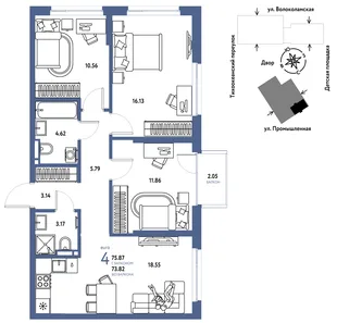 Планировка 4-комн. квартира, 75.87 м² ЖК «Страна Прибрежная»