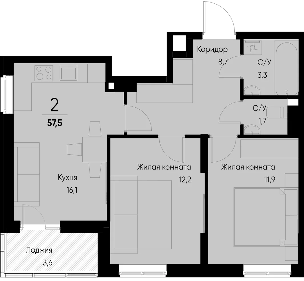 Планировка 2-комн. квартира, 57.5 м² ЖК «Васильевский остров»