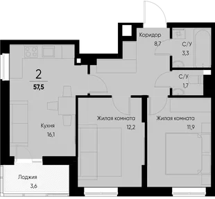 Планировка 2-комн. квартира, 57.5 м² ЖК «Васильевский остров»
