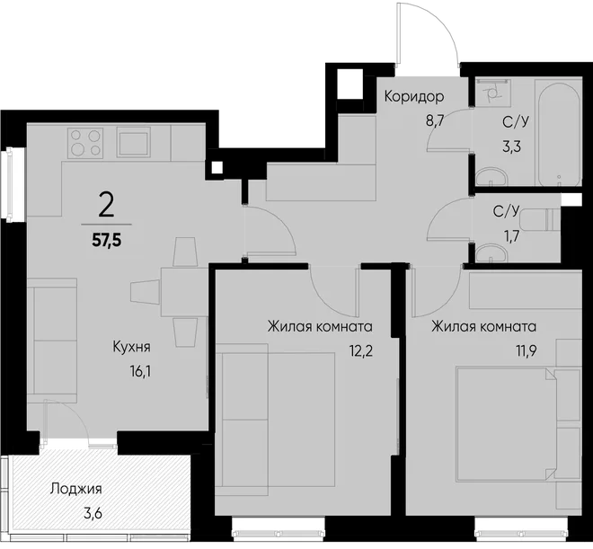 Планировка 2-комн. квартира, 57.5 м² ЖК «Васильевский остров» Планировка 2-комн. квартира, 57.5 м² ЖК «Васильевский остров»