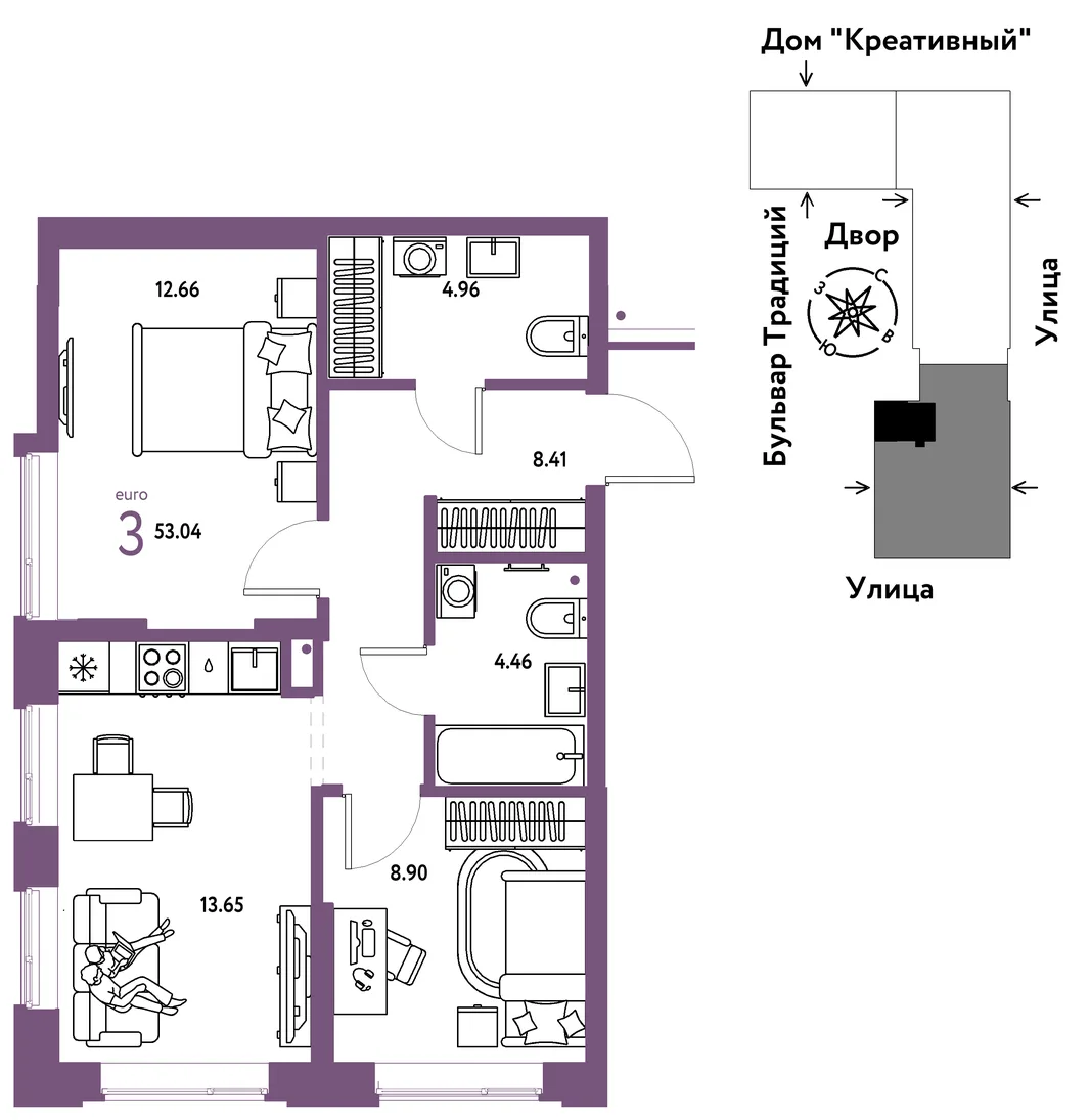 Планировка 3-комн. квартира, 53.04 м² ЖК «Микрорайон Домашний»