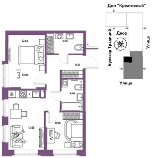 Планировка 3-комн. квартира, 53.04 м² ЖК «Микрорайон Домашний»