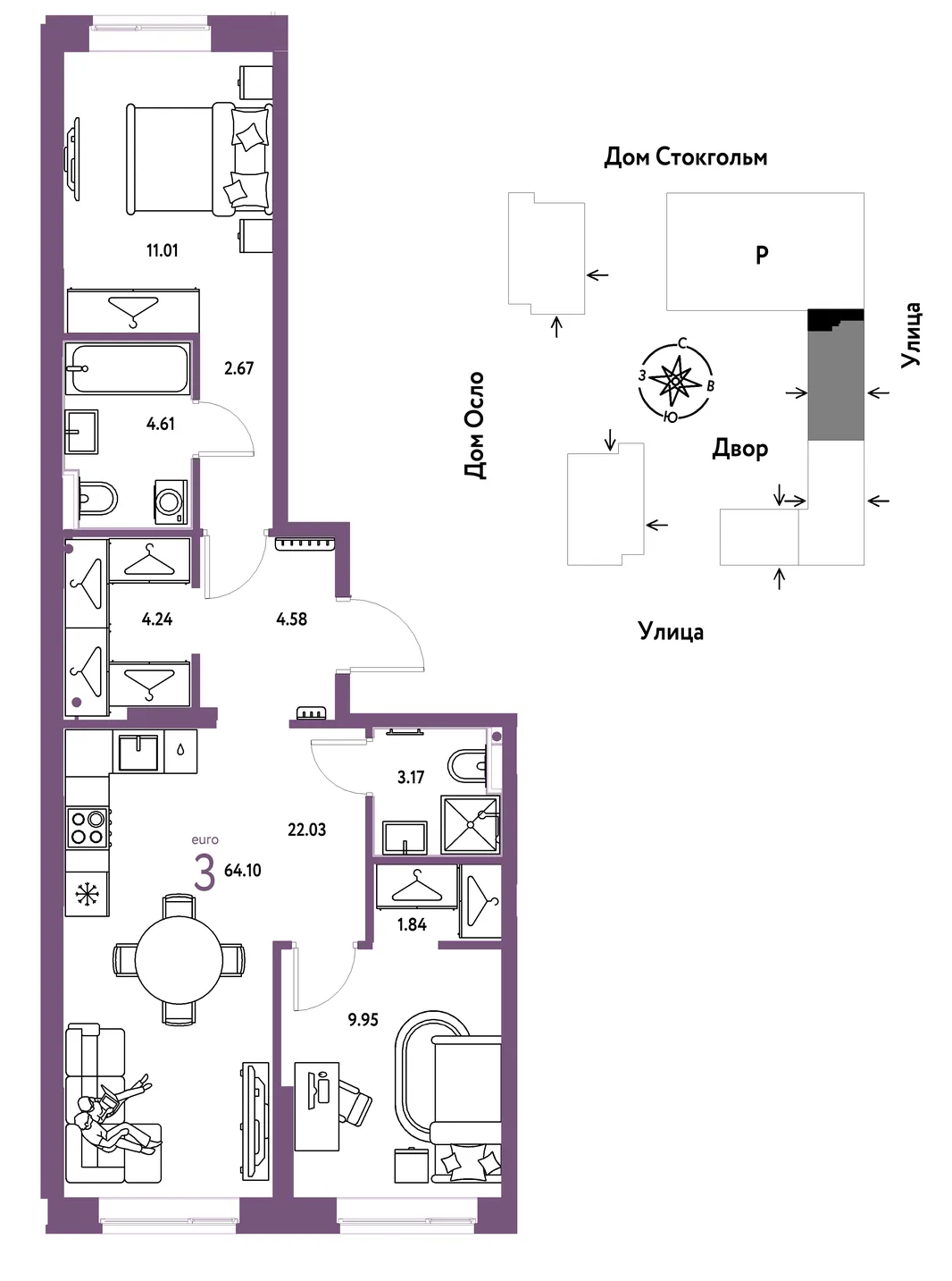 Планировка 3-комн. квартира, 64.1 м² ЖК «Европейский берег 2.0»