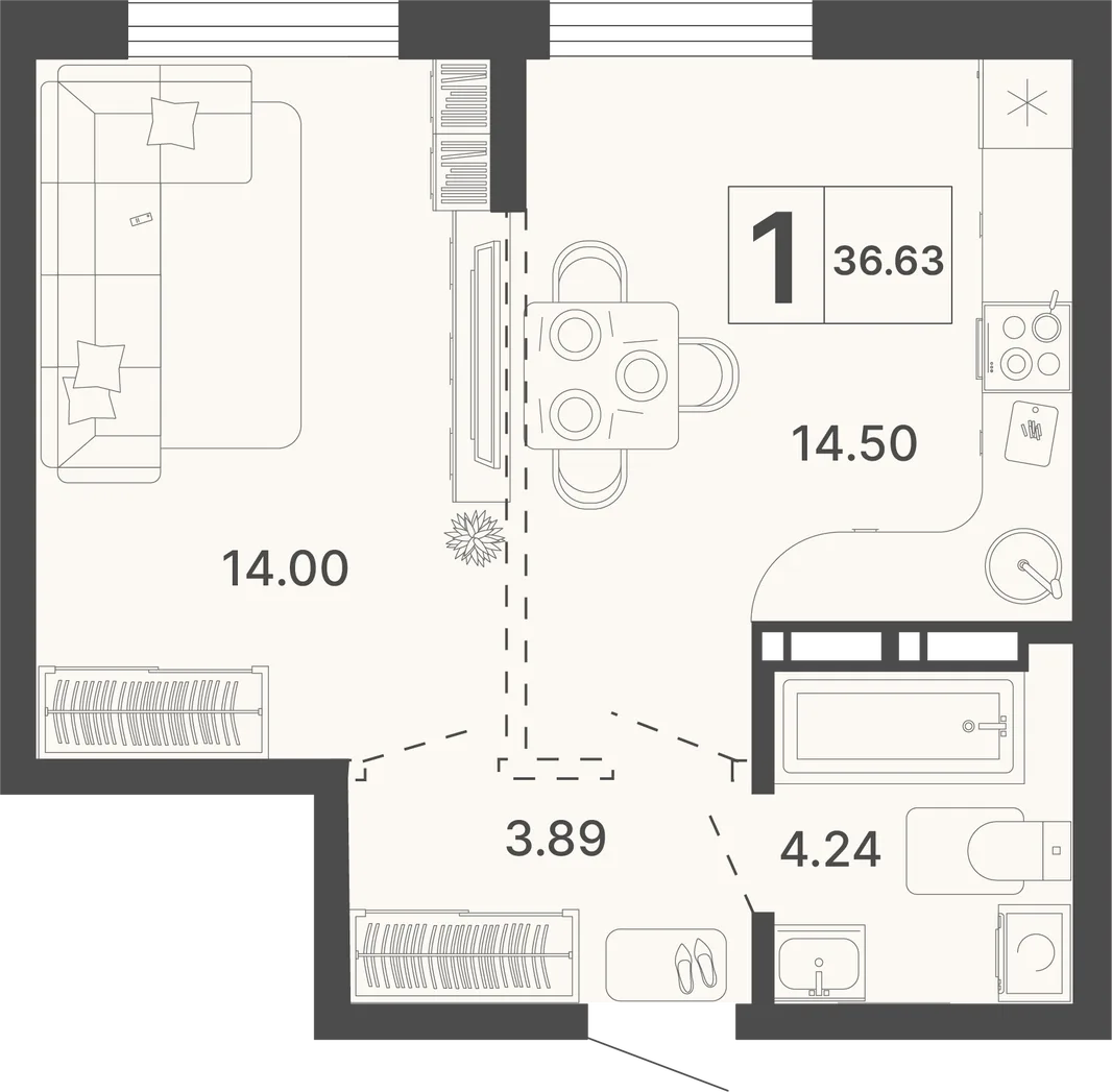 Планировка 1-комн. квартира, 36.63 м² ЖК «Светский лес»