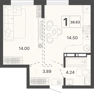 Планировка 1-комн. квартира, 36.63 м² ЖК «Светский лес»