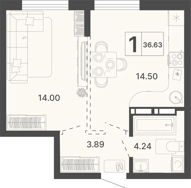 Планировка 1-комн. квартира, 36.63 м² ЖК «Светский лес»