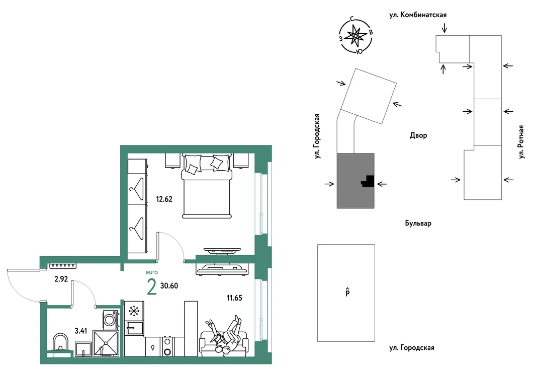 Планировка 2-комн. квартира, 30.6 м² ЖК «Уральский сад»