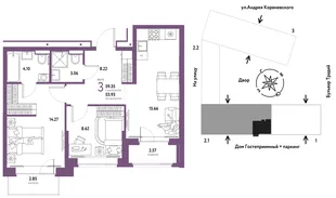 Планировка 3-комн. квартира, 59.35 м² ЖК «Микрорайон Домашний»