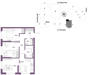 Планировка 3-комн. квартира, 57.18 м² ЖК «Остров-сад»
