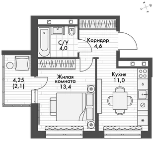 Квартира 1-комн. квартира, 46.2 м² ЖК «ФоРест» Фото 1 Квартира 1-комн. квартира, 46.2 м² ЖК «ФоРест» Фото 1