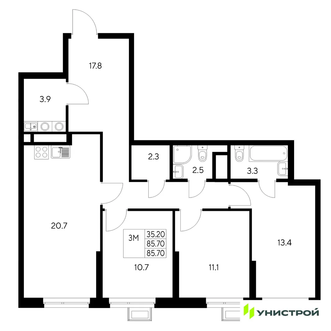 Планировка 3-комн. квартира, 85.7 м² ЖК «Стадиум»