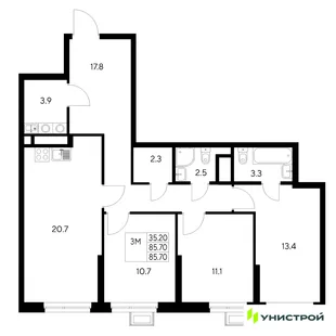 Планировка 3-комн. квартира, 85.7 м² ЖК «Стадиум»