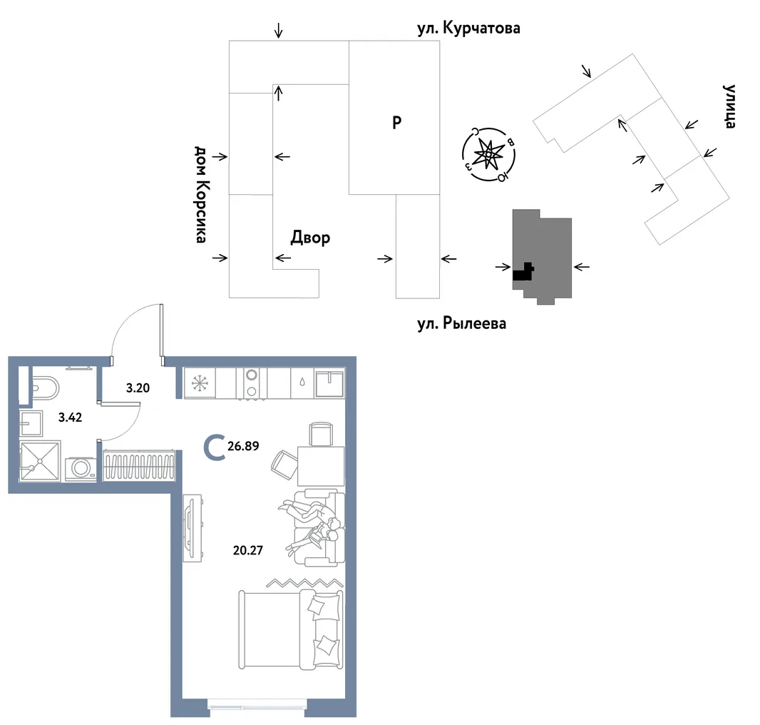 Планировка Студия, 26.89 м² ЖК «Остров-сад»