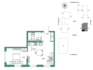 Планировка 2-комн. квартира, 44.64 м² ЖК «Уральский сад»